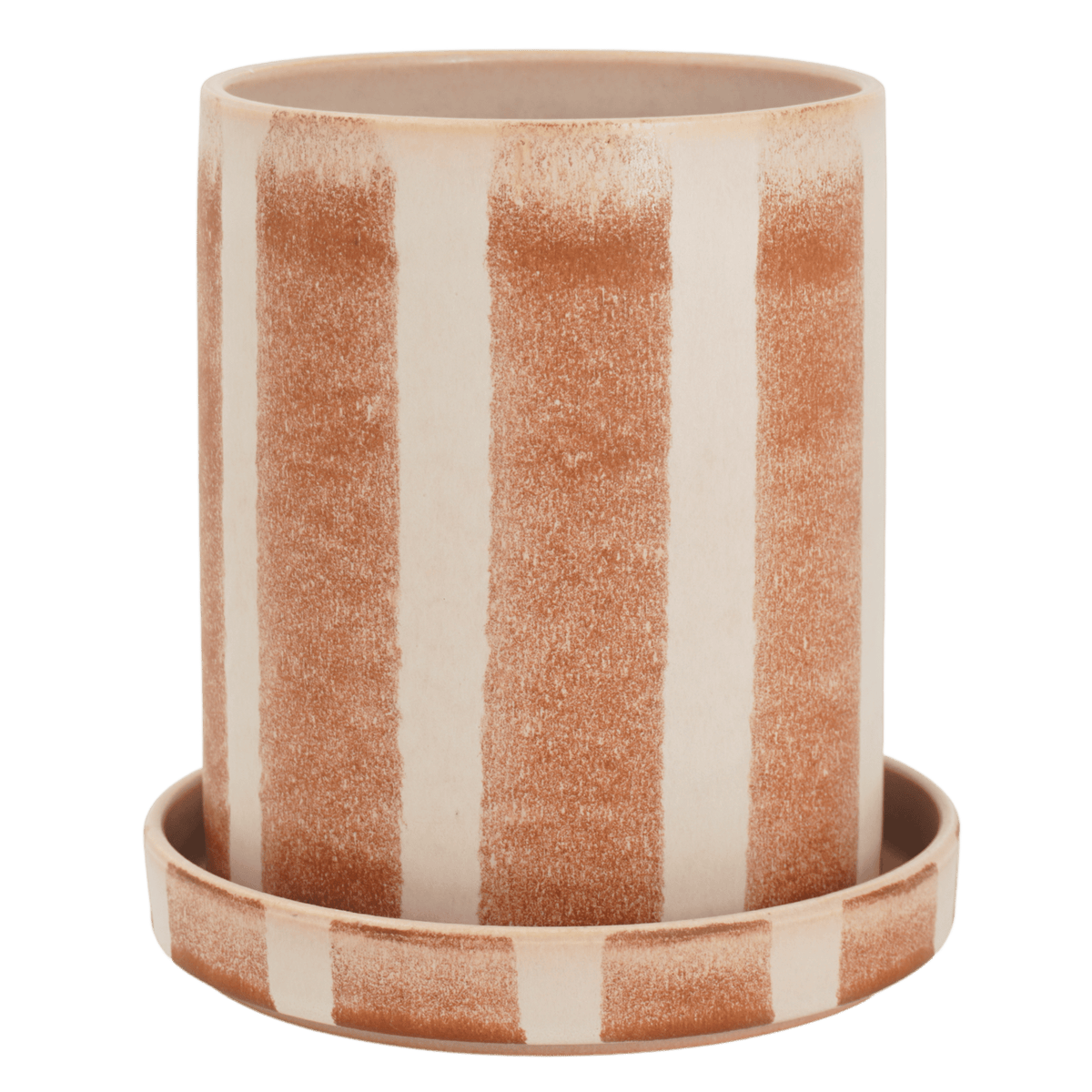 Bredrandig kruka i mellanstorlek, handgjord keramik med fat. Färg Rosa och brun – svensk design